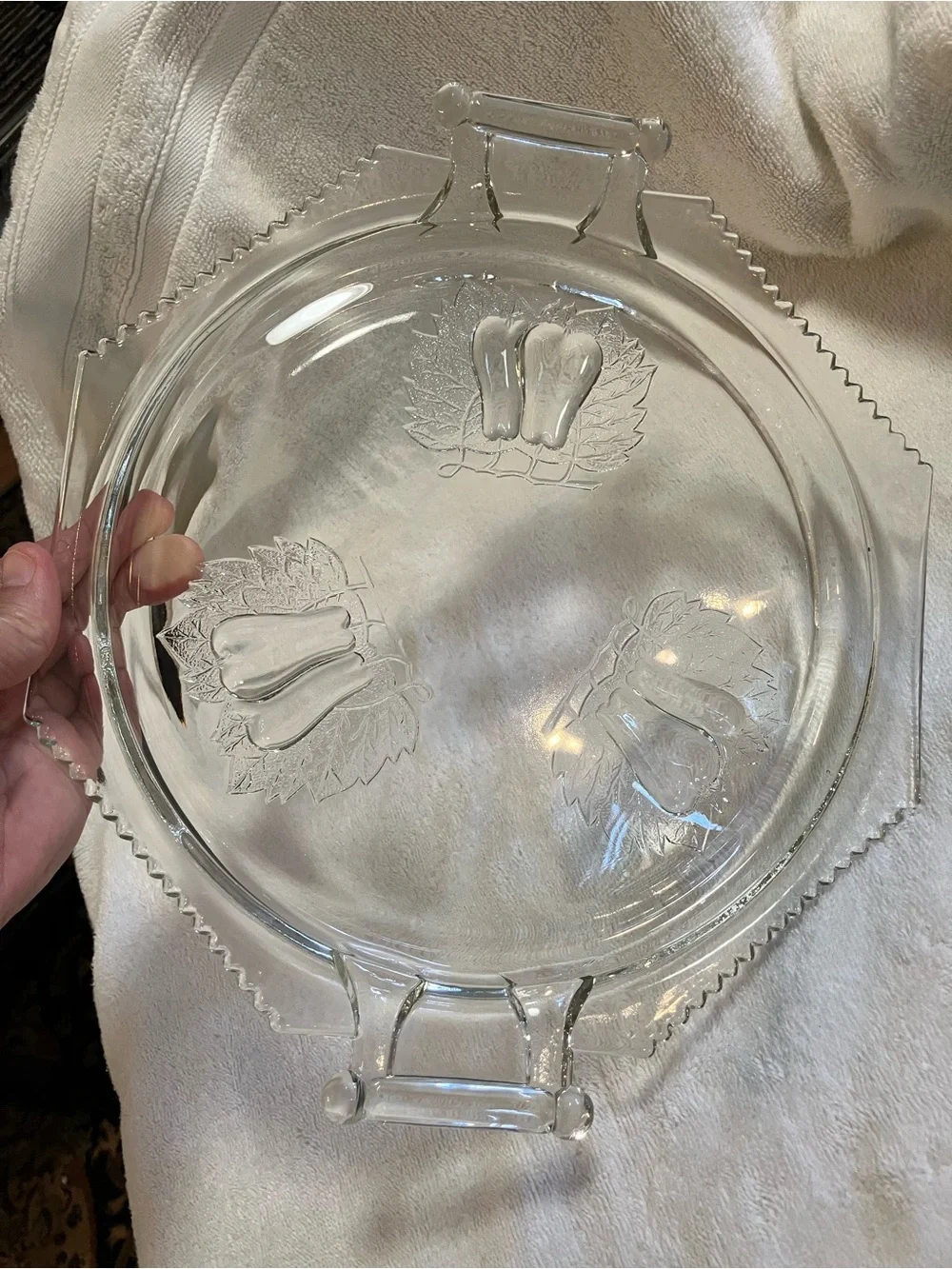 vintage Jeannette Glass Baltimore Pear handled cake plate embossed pears